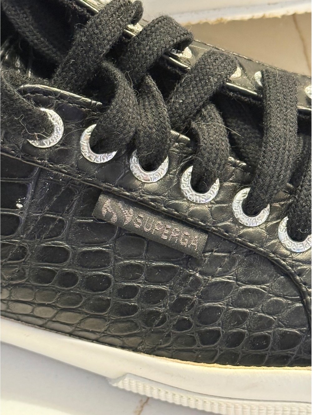 Superga Black Crocodile-Embossed oSneakers Size 9 woman